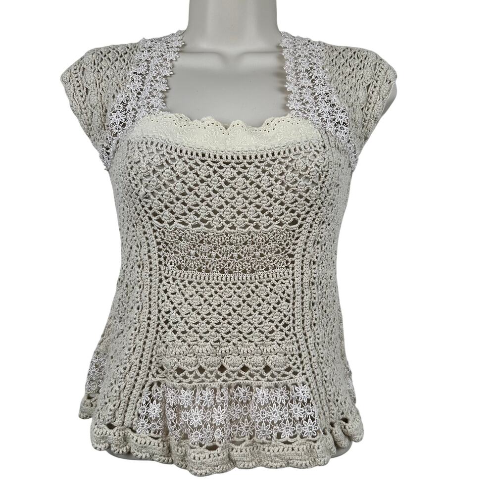 Anthro Open Knit Crochet Lace Blouse Top Short Sleeve Ivory S Boho Festival